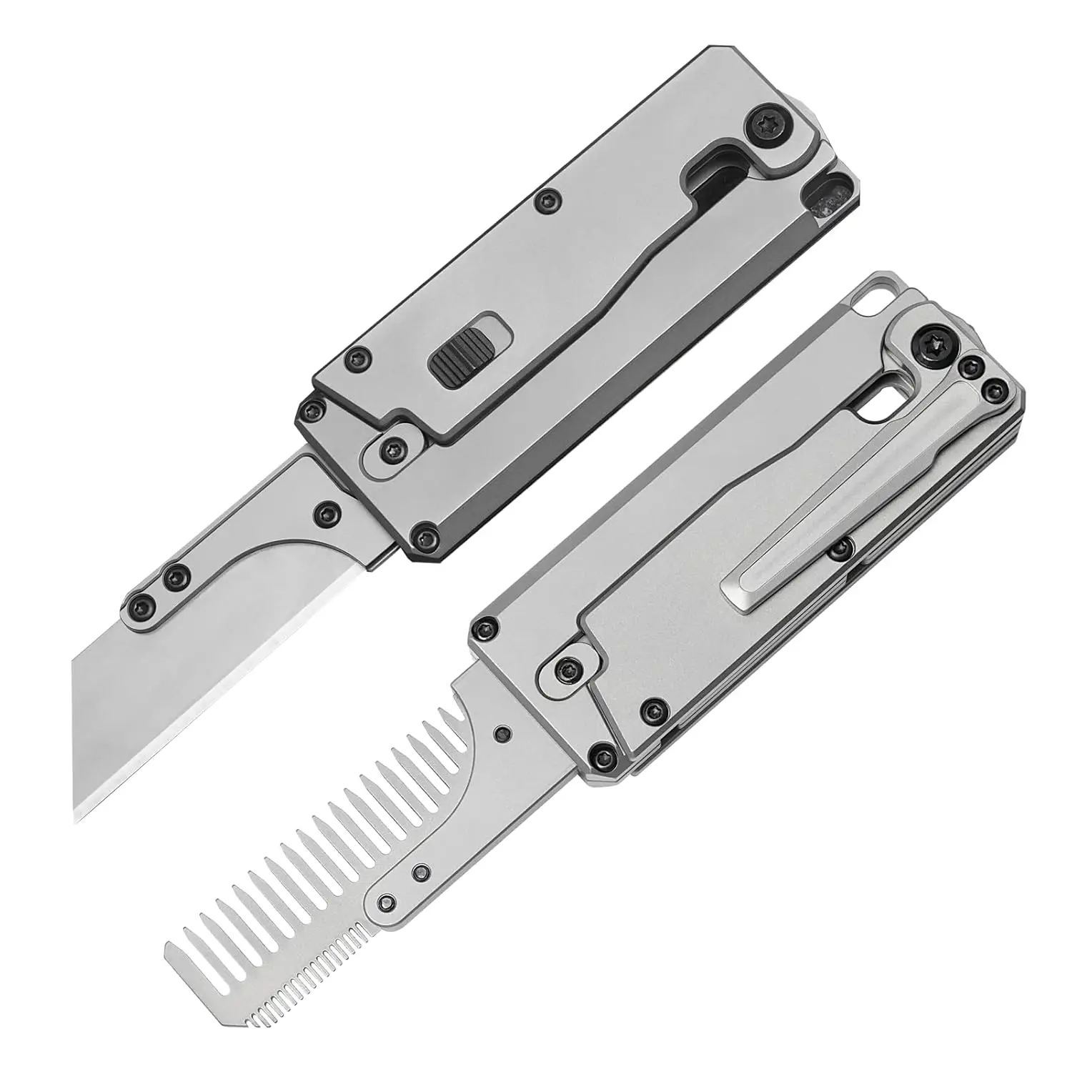 Comb Pocket Titanium - FEGVE TC347 2-in-1 ที่ตัดแครอทแบบมีด้ามจับไทเทเนียม, หวีสำหรับตัดผม, ที่ตัดกล่องกระดาษแบบยืดหดได้