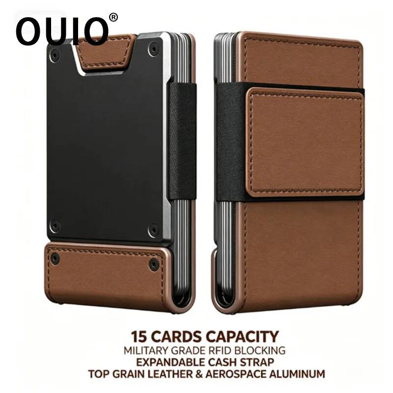 Money Clip Magnetic - กระเป๋าสตางค์หนังแบบมินิมอลสำหรับผู้ชาย OUIO ป้องกัน RFID พร้อมคลิปหนีบเงินแบบดึงออกได้ สายรัดผ้า
