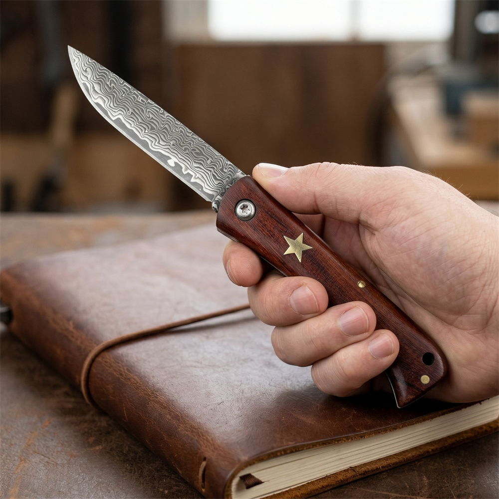 Edc Pocket Carry Fixed Blade - มีดพับดามัสกัสขนาดกะทัดรัดสำหรับเอาตัวรอดกลางแจ้ง ด้ามไม้โรสวูด หัวดาวทองเหลือง EDC สำหรับตั้งแคมป์ ล่าสัตว์