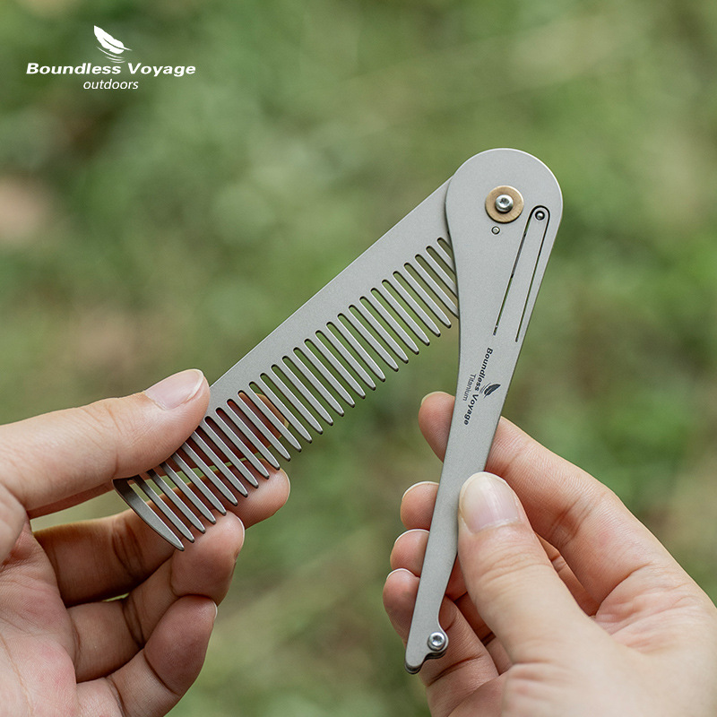 Comb Pocket Titanium - หวีพับป้องกันไฟฟ้าสถิตย์ไทเทเนียมบริสุทธิ์, หวีผมนวดหนวดเคราแบบน้ำหนักเบาพิเศษสำหรับกิจกรรมกลางแจ้ง, เครื่องมือขนาดเล็กอเนกประสงค์ EDC, A1551