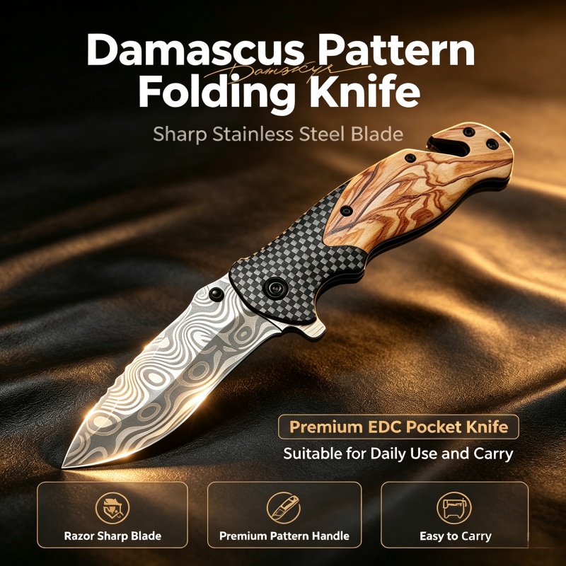 มีดพับลายดามัสกัส ใบมีดสแตนเลส - Edc Carry Pocket Knife บทวิจารณ์และราคา